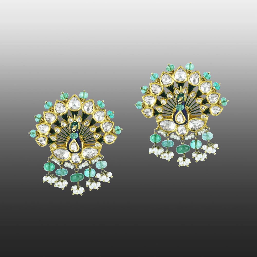 Peacock Polki Earrings with Emerald Beads and Pearl Cluster